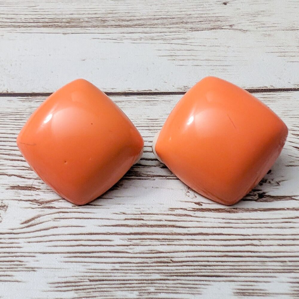 Vintage Clip On Earrings - Diamond Shape Bright Orange Just Over 1 & 1/8"